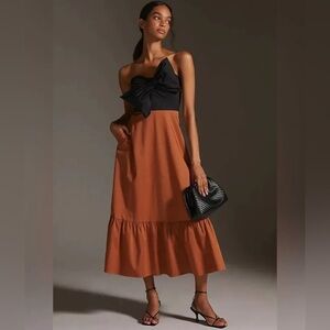 Anthropologie Hutch Bow Tie Maxi Dress Neutral Black Brown